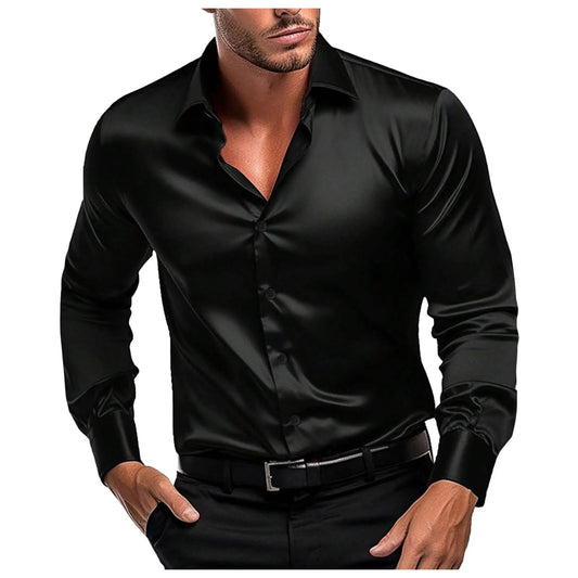 Men's Black Satin Shirt Stretch Wrinkle Formal Slim Fit Button Down Shirts