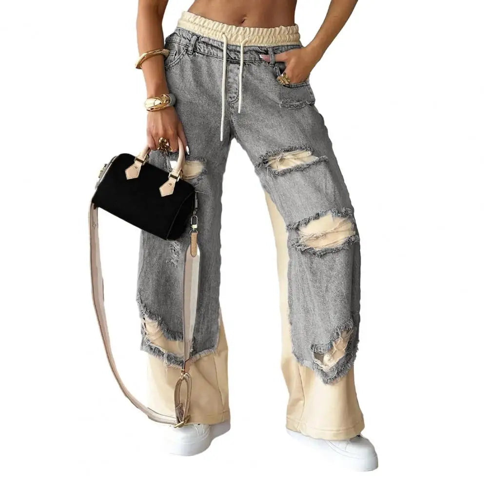 Women's Large Hole Patchwork Jeans High Waist Wide Legs Casual Bottoms Denim