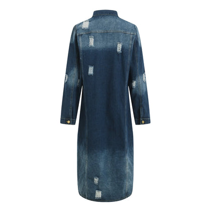 Ripped Holes Maxi Long Denim Jacket Trench Coat Plus Size Casual Denim Jacket