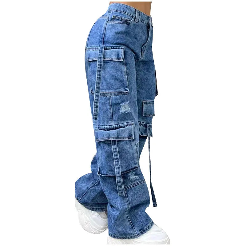 High Waist Cargo Denim Jeans With Full Rhinestones Sparkling Casual Baggy Pants Streetwear Chic Daily Trousers