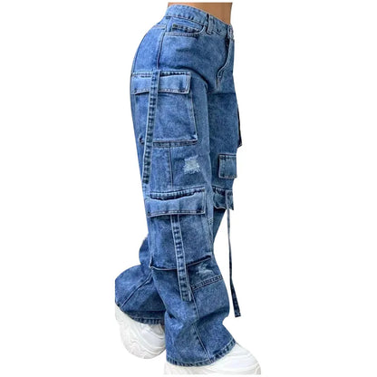 High Waist Cargo Denim Jeans With Full Rhinestones Sparkling Casual Baggy Pants Streetwear Chic Daily Trousers