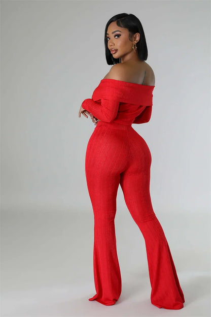 Knitted Two Piece Set Off Shoulder Slash Neck Crop Top and Flare Pants Set