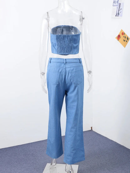Rhinestone Denim Set Corset Shaping Crop Top Matching Slim Fit Jeans Party Clubwear Nightclub Cowgirl Style
