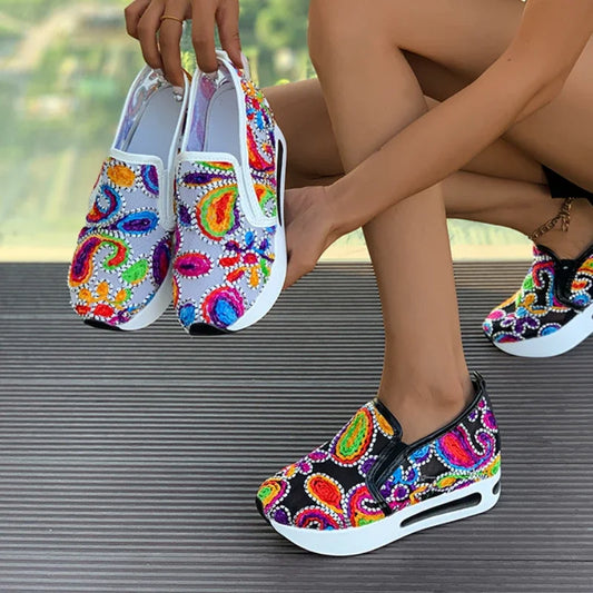 Women Sneakers Slip on Casual Shoes for Women Embroidery Thick Platform Sneakers Women Breathable Mesh Loafers