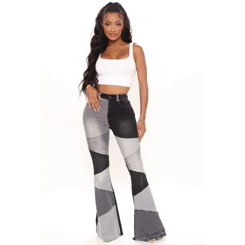 Women Flare Jeans Casual Pants Pannelled Collision High Waist Fit Female High Quality