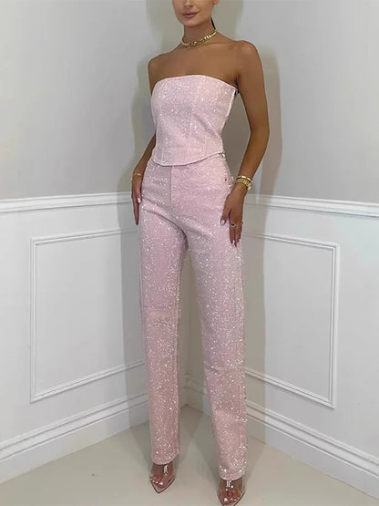Diamond Vest Jeans Set For Women Sleveless Tube Tops High Waist Pocket Denim