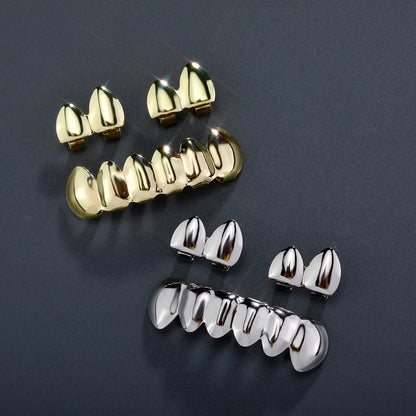 RACHELZ DIY Glossy Teeth Grillz Hip Hop Gold Silver Color Top Bottom Tooth Caps For Women Men Jewelry Halloween Cosplay Gift