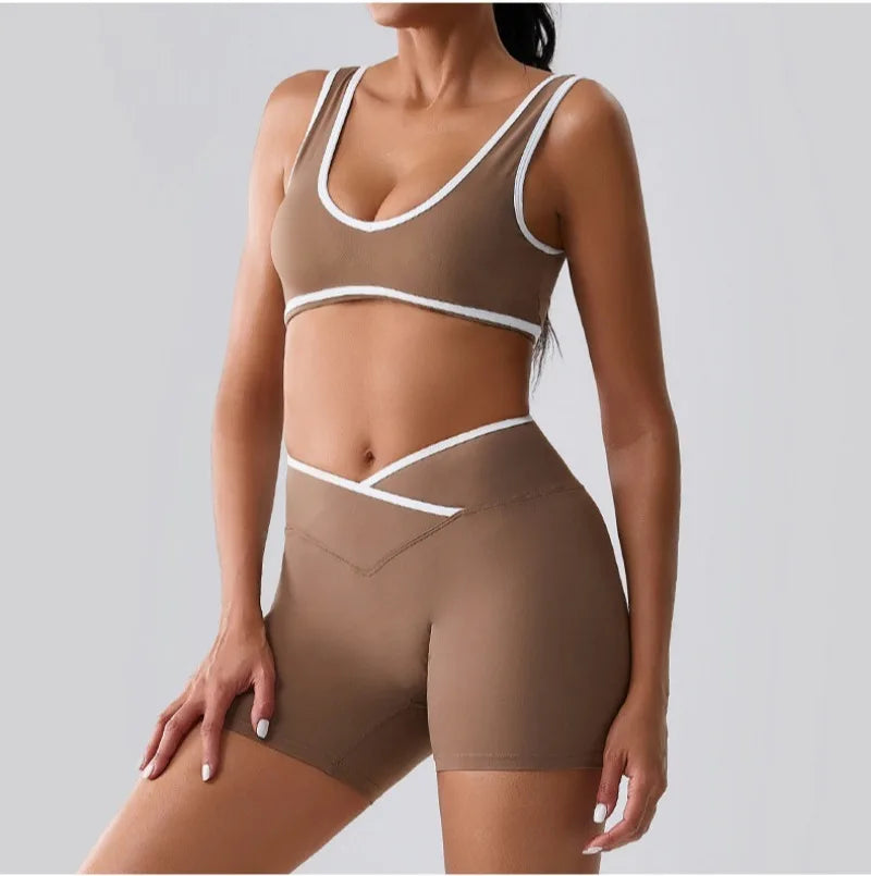 Seamless Yoga Sets Sports Fitness cross waist  Waist Hip-lifting Shorts Bra Suit