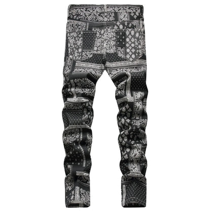 Digital Printed Cashew Nut Straight Tube Color Contrast Slim Stretch Ripped Skinny Jeans