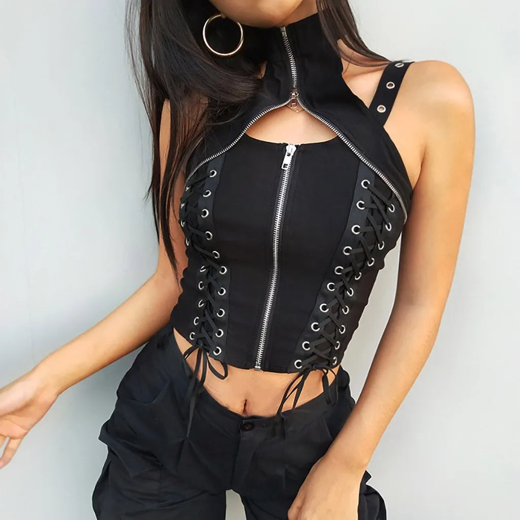 Lace Up Bandage Cropped TopCamisole Gothic Vest T-Shirt Hollow Out Zipper