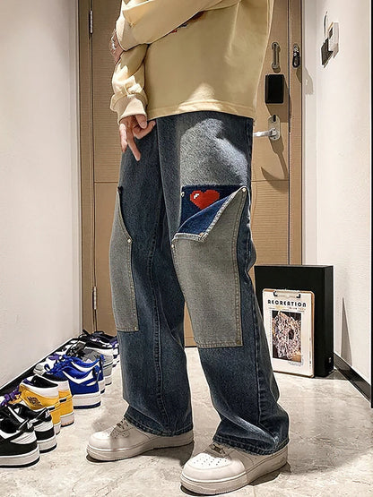 Wide Leg Baggy Cargo Jeans Pants Men Heart Oversize Straight Casual Denim Long Trousers Streetwear