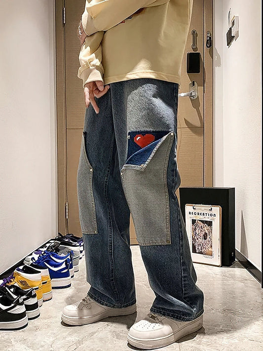 Wide Leg Baggy Cargo Jeans Pants Men Heart Oversize Straight Casual Denim Long Trousers Streetwear