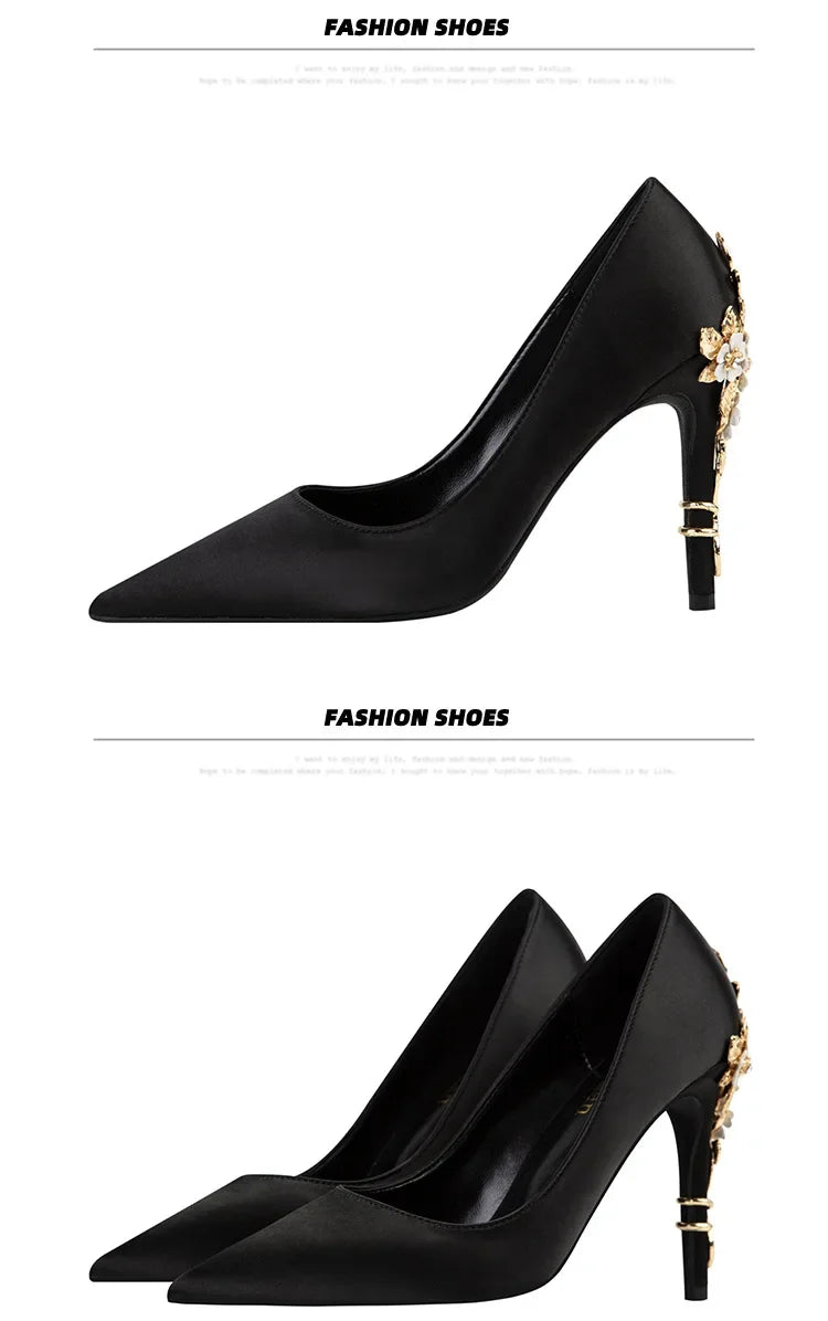 Women's Metal Flowers Stiletto High-heel Shoes Female  Light Luxury Wedding Shoes Pointed Toe