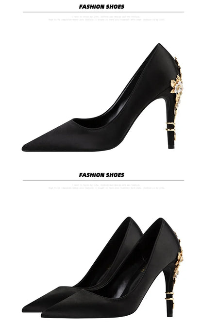 Women's Metal Flowers Stiletto High-heel Shoes Female  Light Luxury Wedding Shoes Pointed Toe