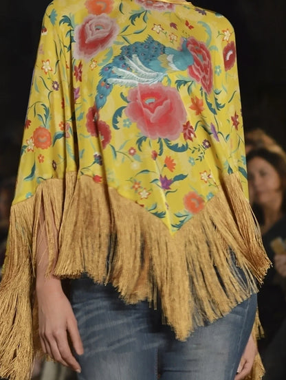 Bohemian T-shirt Fashion Flower Top with Irregular Spliced Tassel Hem 3/4 Sleeve Pullover