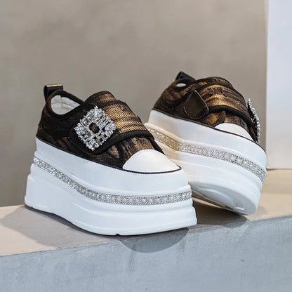 Denim Platform Wedge Genuine Leather Casual Comfy High Brand Chunky Sneakers Hidden Heels Shoes