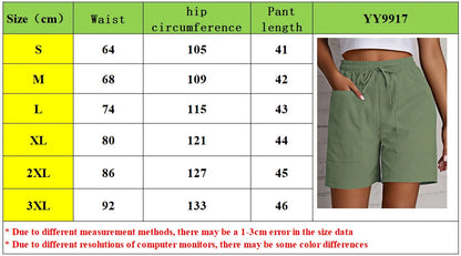 Summer New Women's Solid Color Pocket Loose High Waist Casual Fashion Quarter Shorts