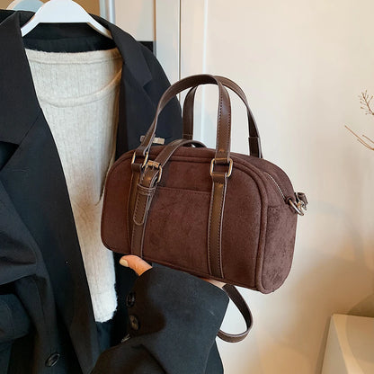 Women Suede Shoulder Bag Adjustable Strap Boston Bag with Interior Pocket Top Handle Bag Zipper Handbag for Work Travel