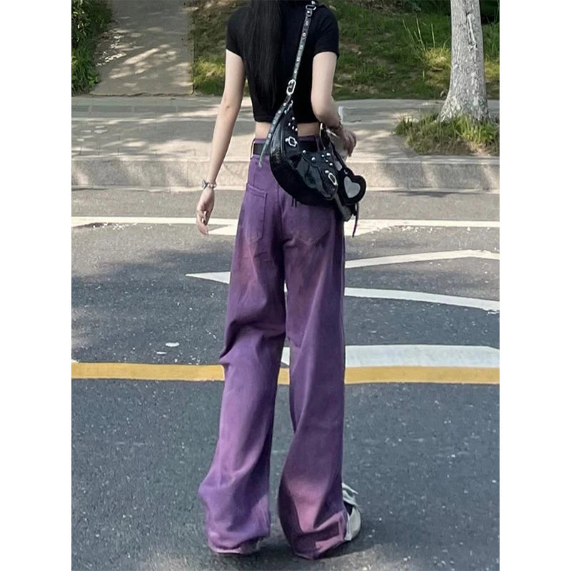 Women's Purple Baggy Jeans Harajuku Aesthetic Y2k Oversize Denim Trousers High Waist Cowboy Pants Vintage 2000s Trashy Clothes