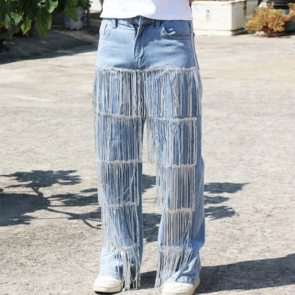 Sparkling Fringes Embellished Wide Leg Jeans Women Trendy Silver Tassel Denim Pants