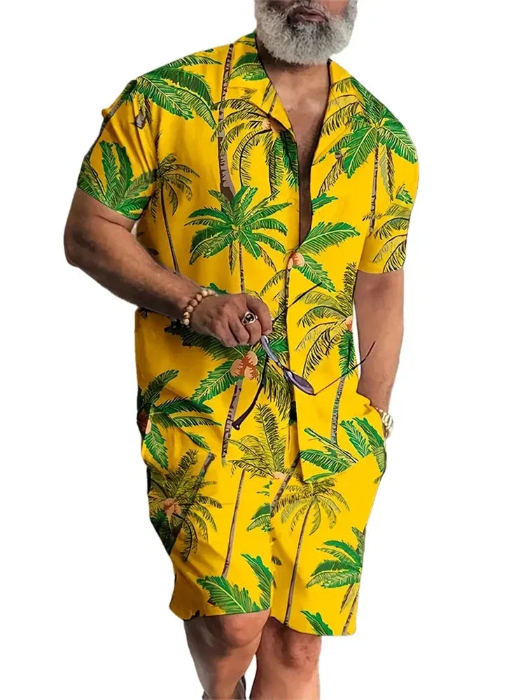 Men's Hawaiian Short-Sleeved Shirt Shorts Set Drawstring Shorts Jungle Print