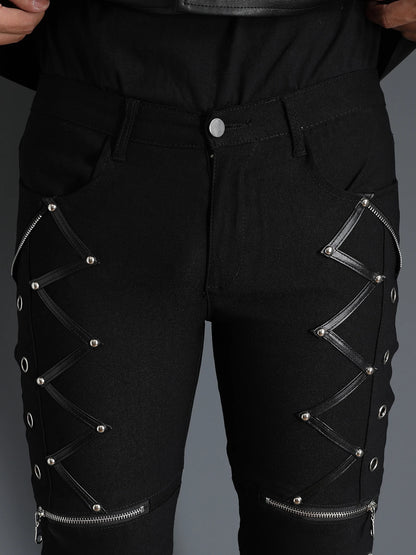 Men's Motorcycle Gothic Steampunk Zippers studded Rivet Elastic Stretchy Denim Jeans Biker Pants