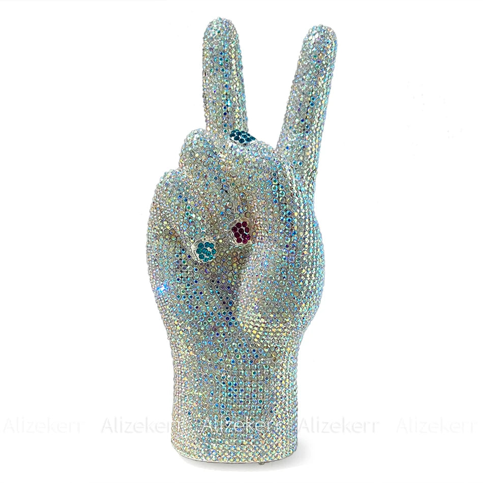 Victory Hand Shaped Diamond Evening Luxury Designer Unique Stylish Rhinestone Purse