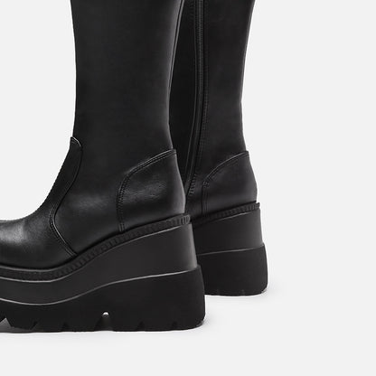 Wedge-heeled Mid-tube Boots Ladies Gothic Style Thick-soled Motorcycle Boots