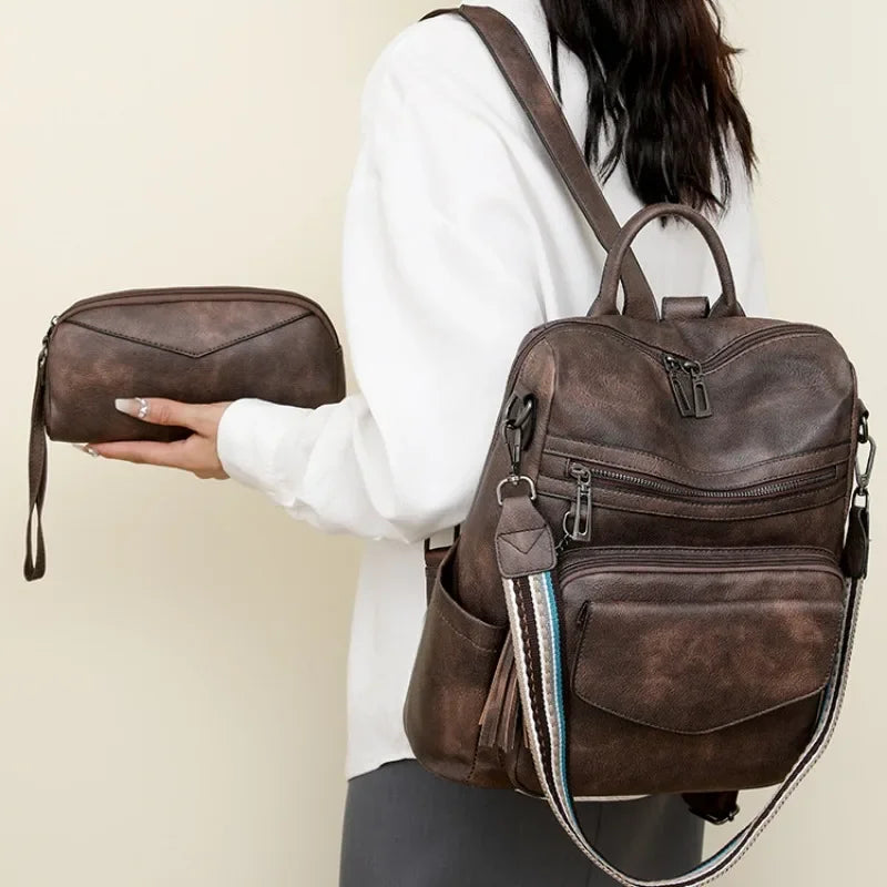 Backpack for Women Large Womens Backpack Leather Purse Designer Ladies Shoulder Bags with Tassel Two-toned Brown