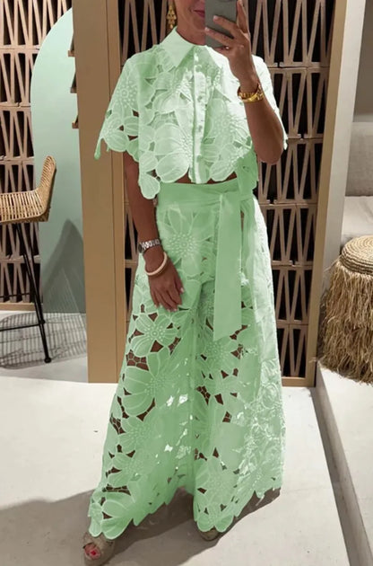 Lapel Single-breasted Shirt Top + Wide-leg Pants 2-piece Set Women Casual Hollow Suit