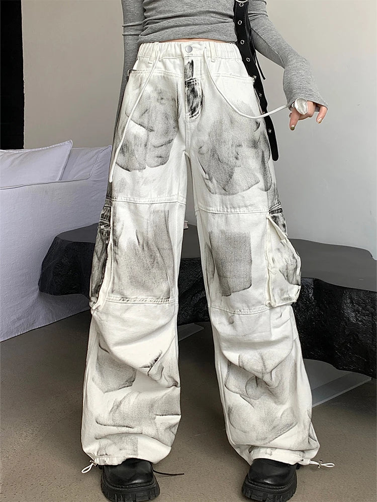 Women's White Cargo Jeans Baggy Vintage High Waist Cowboy Pants Harajuku Aesthetic Tie-Dyed Denim Trousers 90s Y2k Clothes 2024