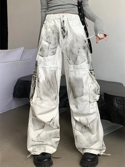 Women's White Cargo Jeans Baggy Vintage High Waist Cowboy Pants Harajuku Aesthetic Tie-Dyed Denim Trousers 90s Y2k Clothes 2024