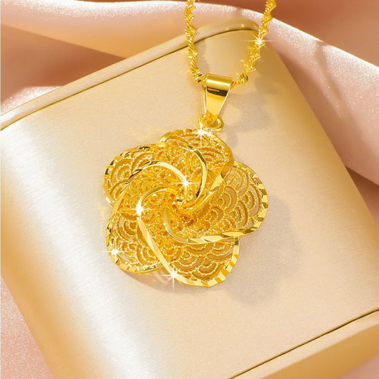 Luxury 24K 9999 Pure Gold real gold Women's Large Hollow Flower Pendant Necklace