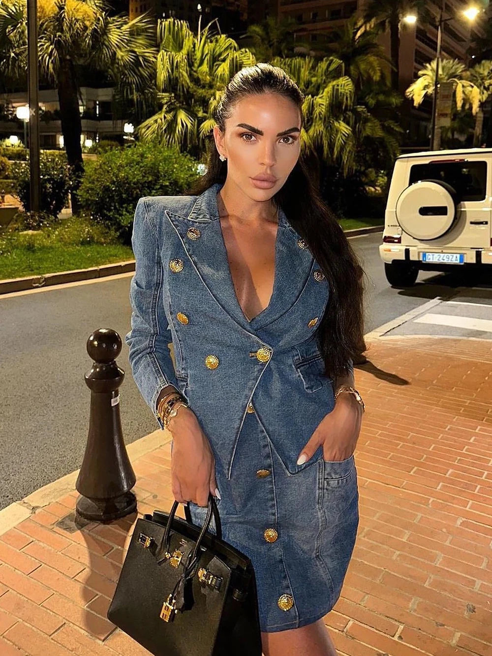 Women'S Double Breasted Slim Fit Denim Blazer Long Sleeve Jean Jacket High Waisted Pencil Mini Skirt Set