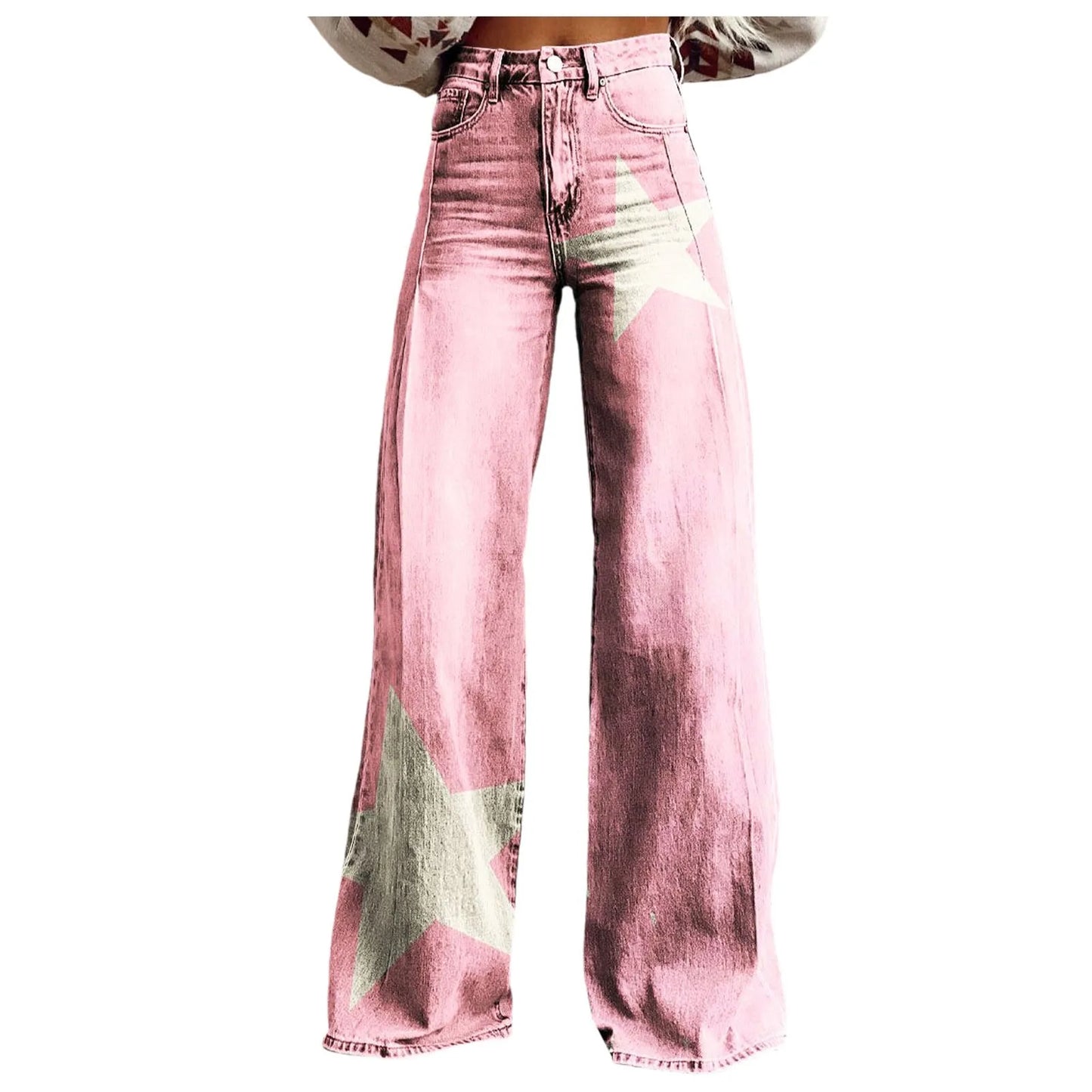 Wide Leg Jeans High Waisted Casual Floral Printed Trousers