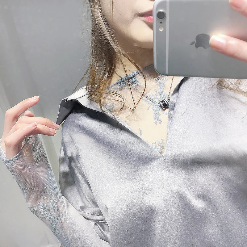 Hollow Out Mesh T-Shirt Transparent Mesh female Tops Long sleeve Basic Shirts SeeThrough Turtleneck