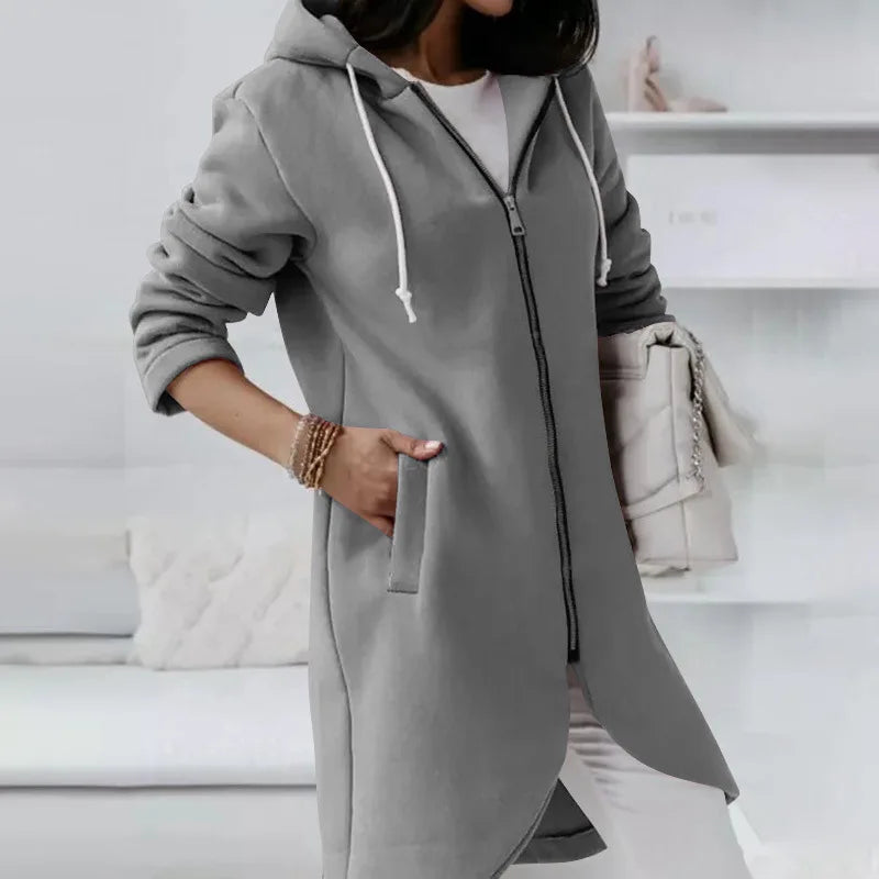 Autumn Women Long Hoodies Coat Zip Up Solid Hooded Casual Pockets Long Jackets