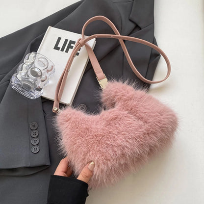 Women Faux Fur Shoulder Bag Adjustable Strap Fluffy Crossbody Bag Solid Color Clutch Purse Hobo Bag for Travel Party