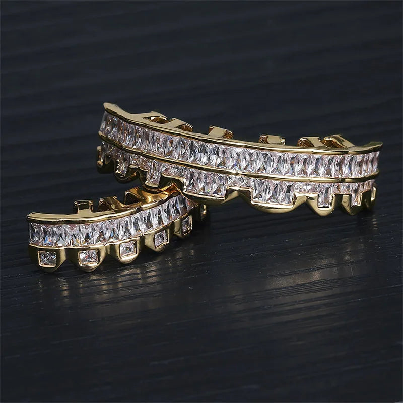 Baguette Teeth Grillz Set For Unisex Top Bottom Iced Out Cubic Zircon Stone Brass Material Hip Hop