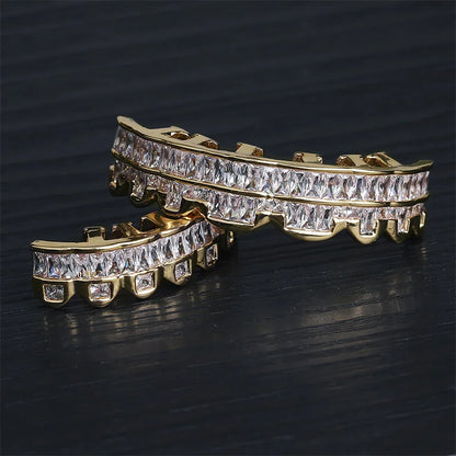 Baguette Teeth Grillz Set For Unisex Top Bottom Iced Out Cubic Zircon Stone Brass Material Hip Hop