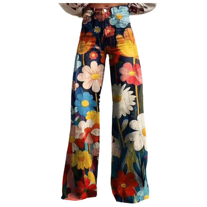 Wide Leg Jeans High Waisted Casual Floral Printed Trousers