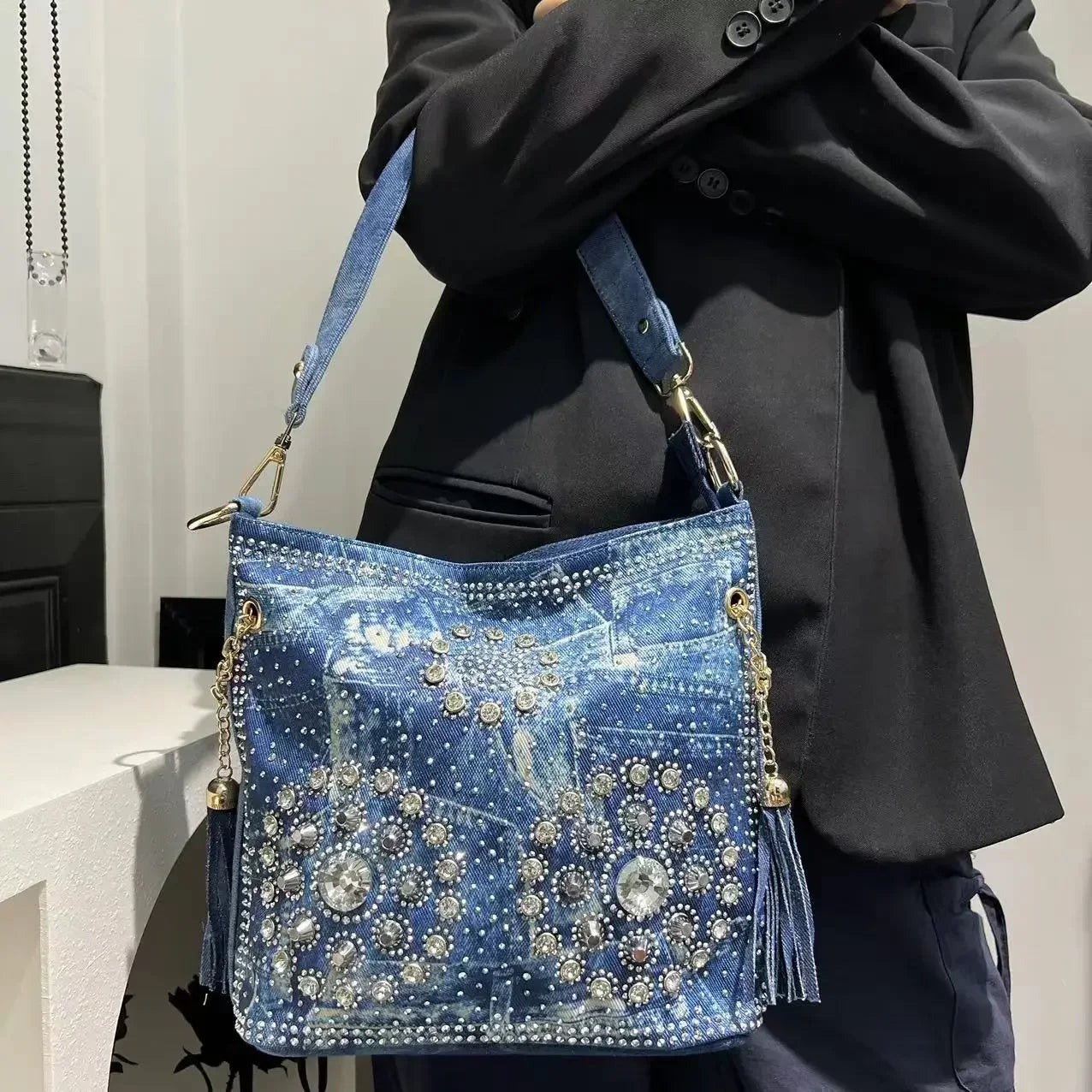 Gradient Diamond Elegant Shoulder Bag Large Capacity Diamond Denim Handbag