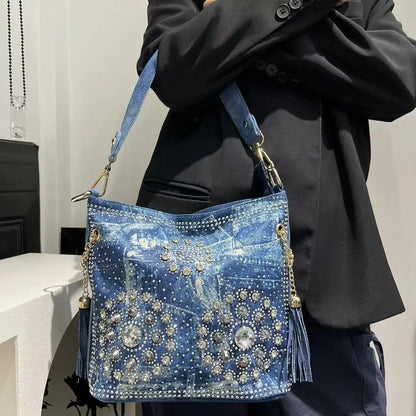 Gradient Diamond Elegant Shoulder Bag Large Capacity Diamond Denim Handbag