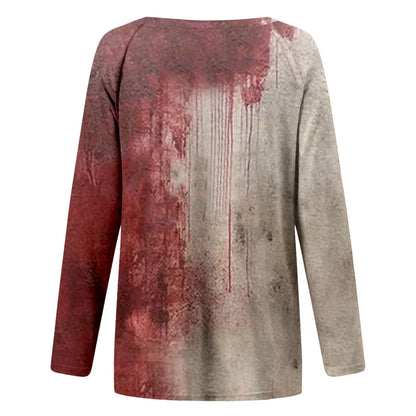 Blood Letter Print Long Sleeve T-Shirt Scary Bloody Stain Patchwork Loose