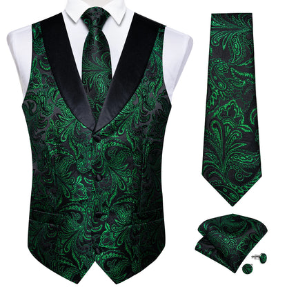 Men's Paisley Silk Suit Vest with Macthing Golden Paisley Neck Tie Handkerchief Cufflinks Wedding Prom Tuxedo Waistcoat