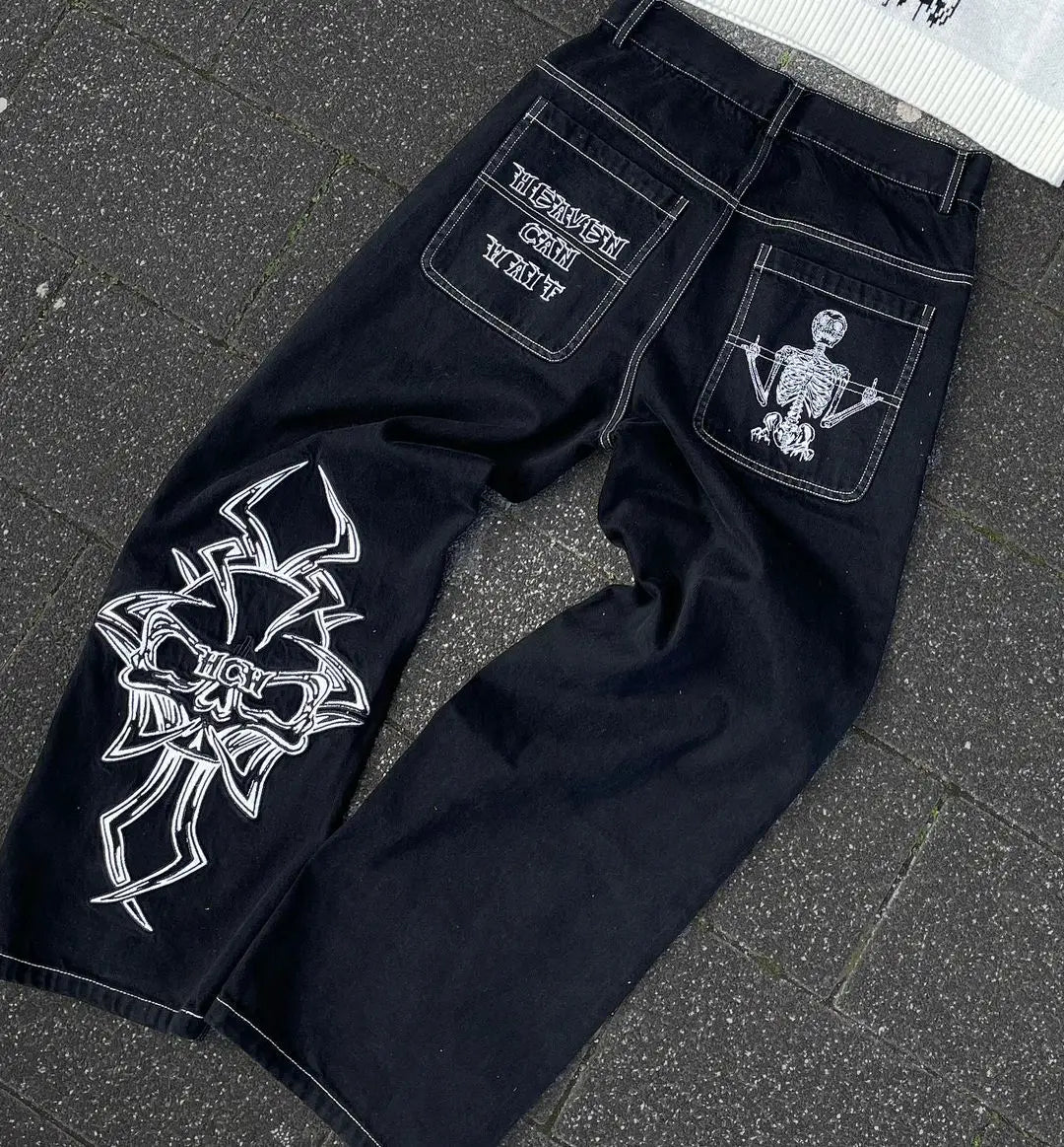 Jeans Mens Hip Hop Retro Skull Embroidery Washed Baggy Denim Pants Straight Casual Loose Wide Leg Trouser