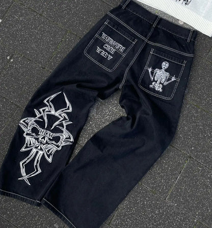 Jeans Mens Hip Hop Retro Skull Embroidery Washed Baggy Denim Pants Straight Casual Loose Wide Leg Trouser