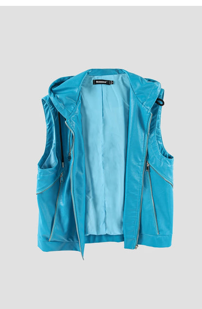 Mauroicardi Spring Autumn Luxury Elegant Cool Black Pu Leather Vest for Men with Hood Zipper Sleeveless Jacket Men Clothing 2023