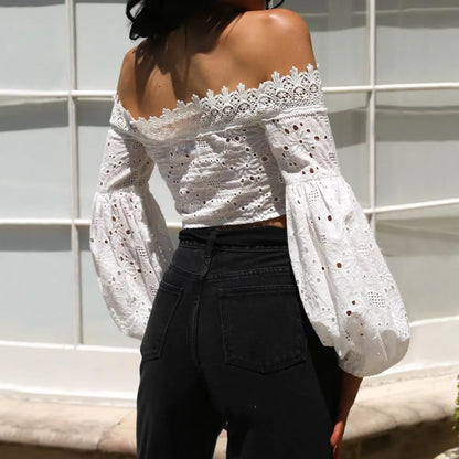 Elegant White Lace Blouse Shirt Cross Bandage Off Shoulder Long Sleeve Hollow Out Ladies Crop Top