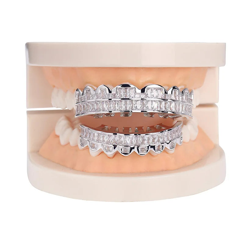 Baguette Teeth Grillz Set For Unisex Top Bottom Iced Out Cubic Zircon Stone Brass Material Hip Hop
